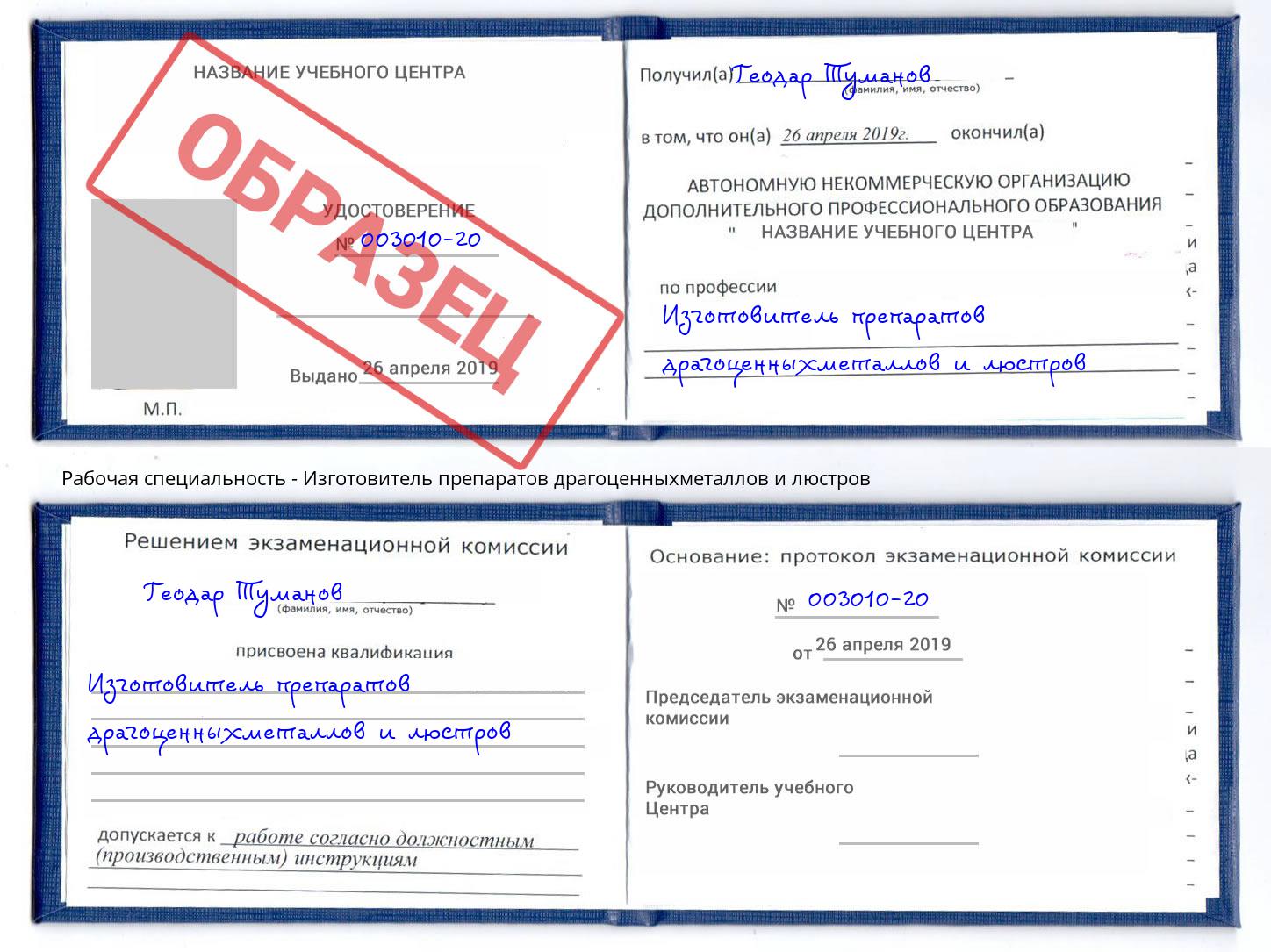 Изготовитель препаратов драгоценныхметаллов и люстров Муравленко