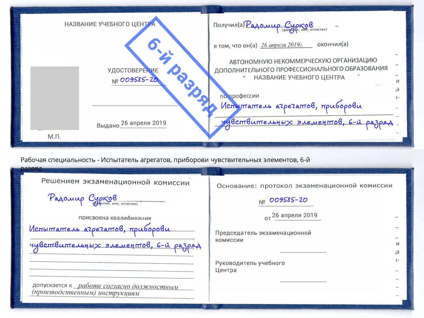 корочка 6-й разряд Испытатель агрегатов, приборови чувствительных элементов Муравленко