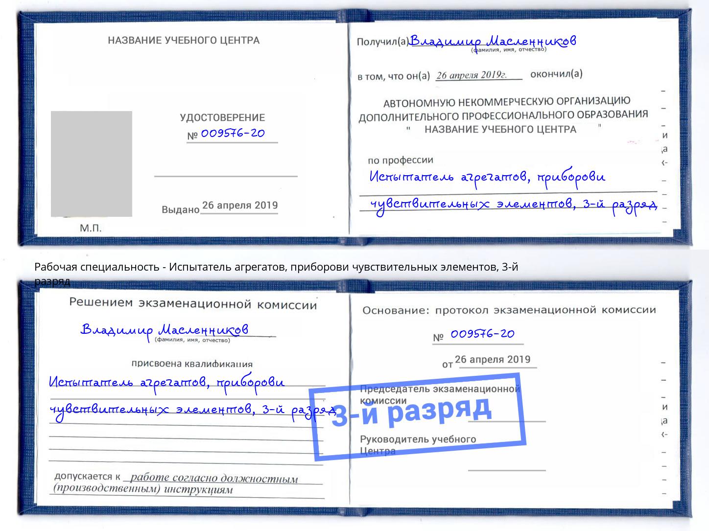 корочка 3-й разряд Испытатель агрегатов, приборови чувствительных элементов Муравленко