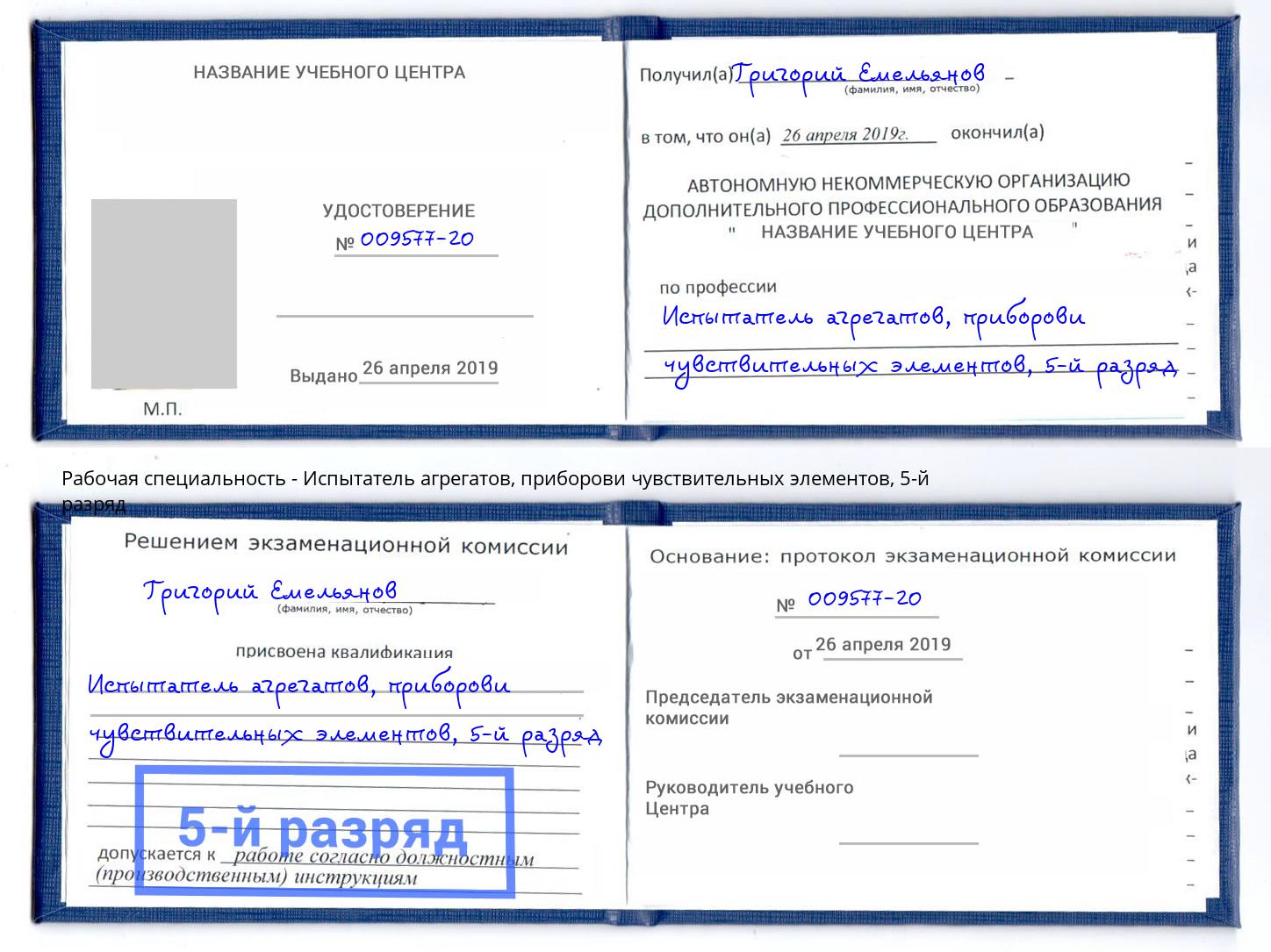 корочка 5-й разряд Испытатель агрегатов, приборови чувствительных элементов Муравленко