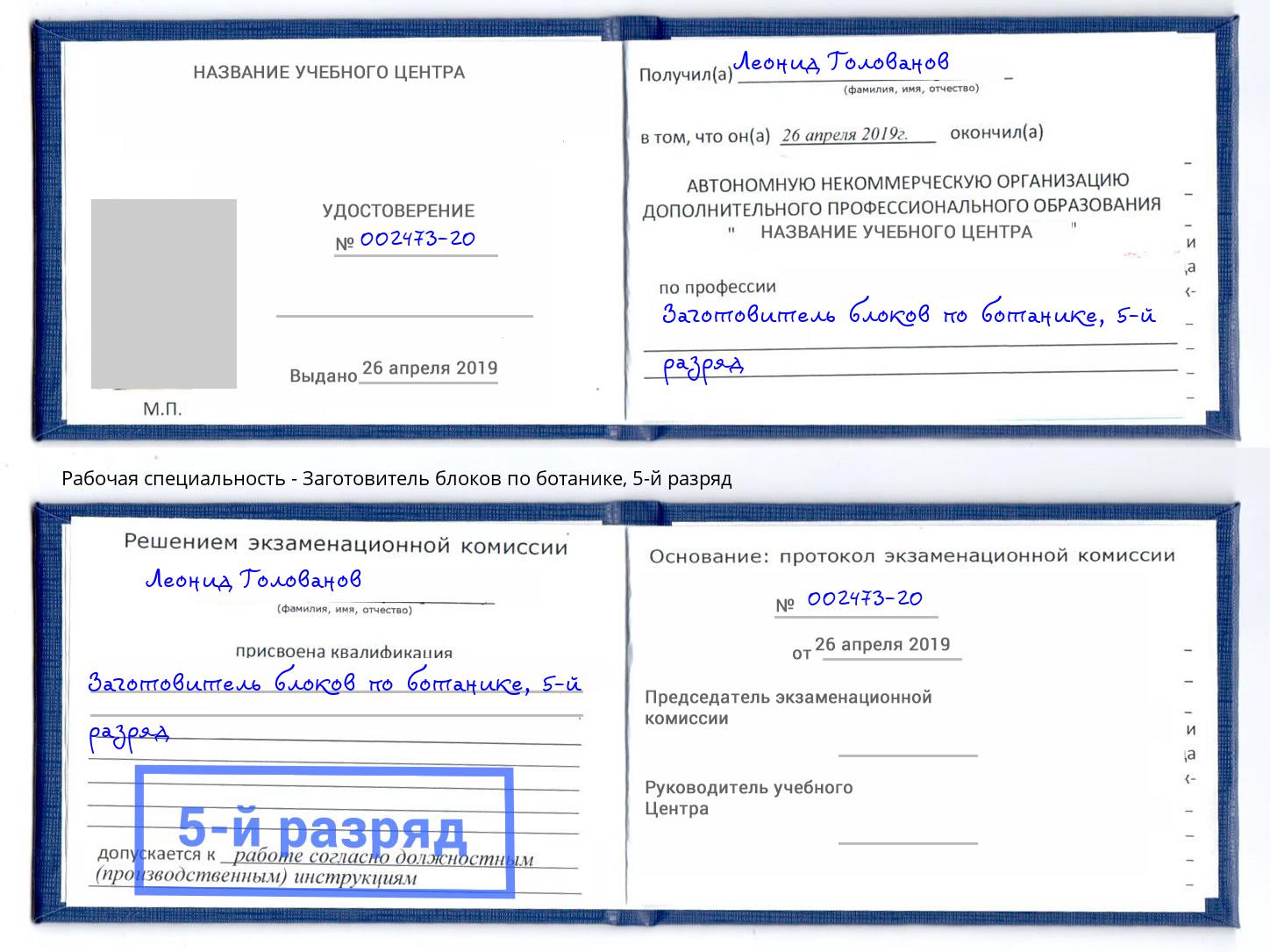 корочка 5-й разряд Заготовитель блоков по ботанике Муравленко