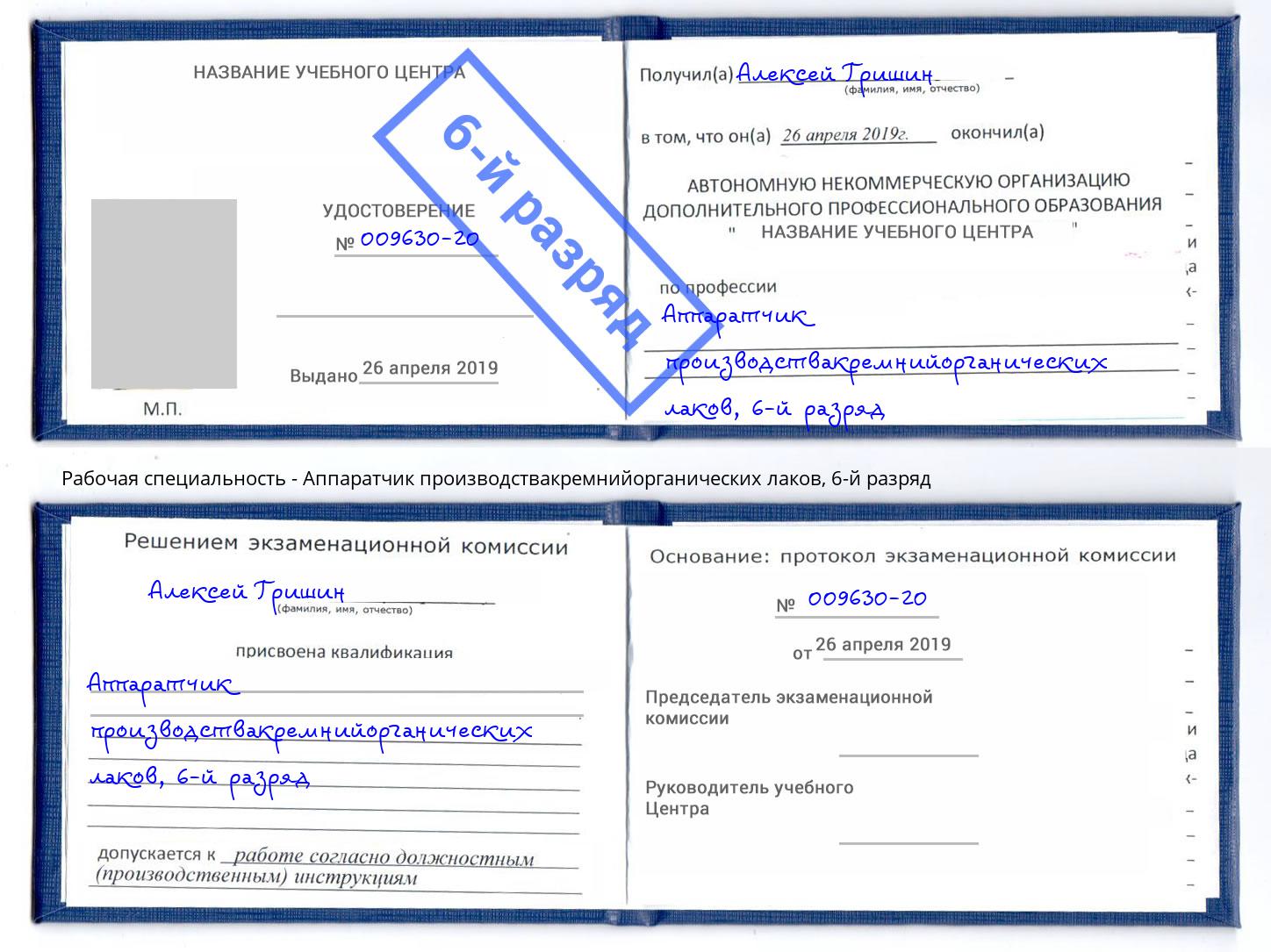 корочка 6-й разряд Аппаратчик производствакремнийорганических лаков Муравленко