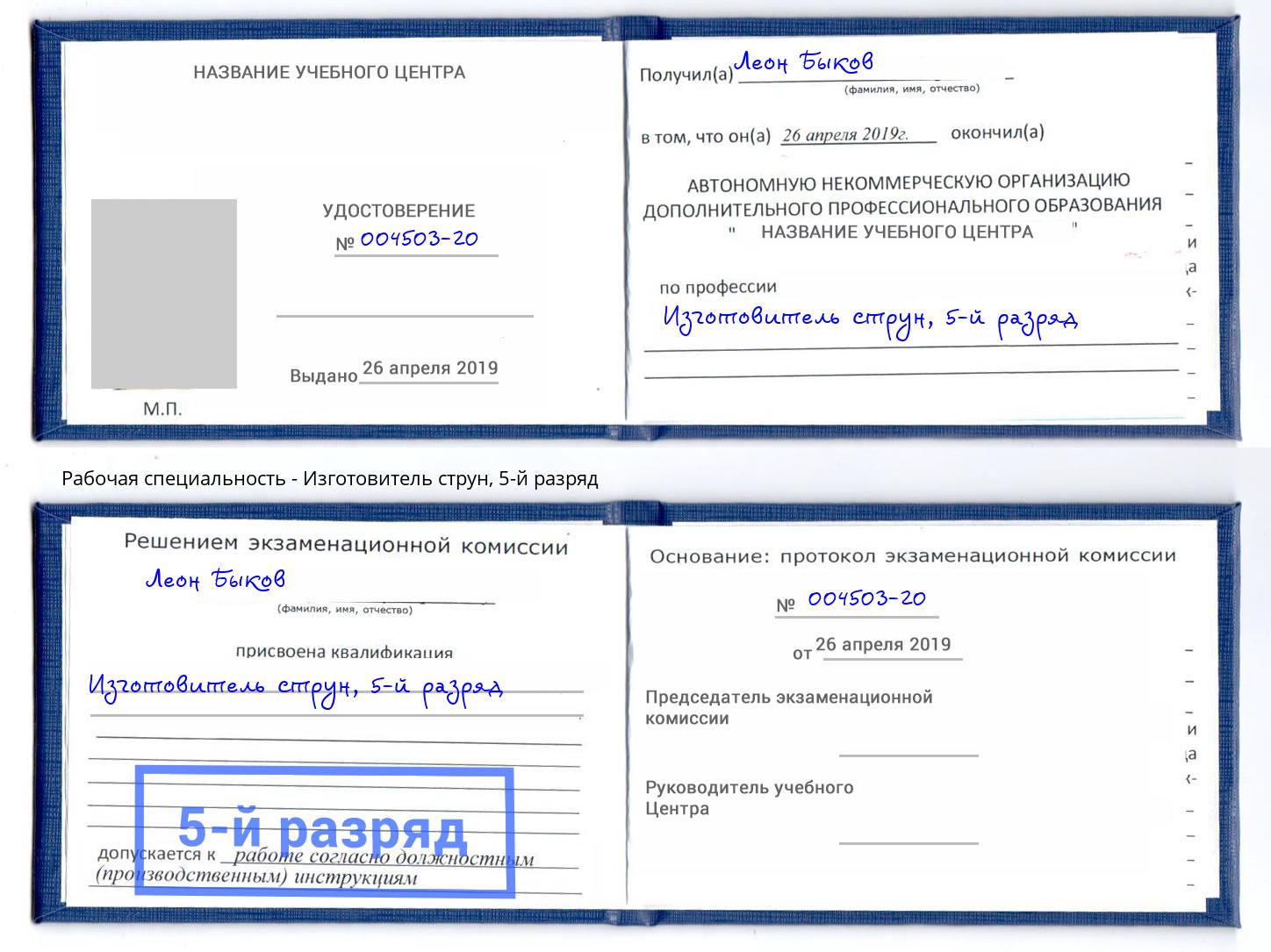 корочка 5-й разряд Изготовитель струн Муравленко