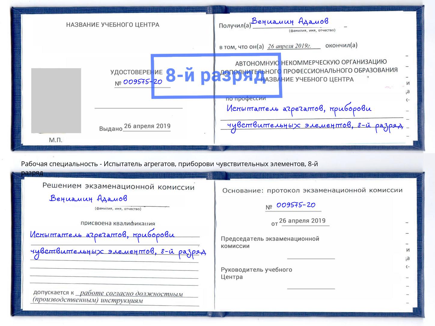 корочка 8-й разряд Испытатель агрегатов, приборови чувствительных элементов Муравленко